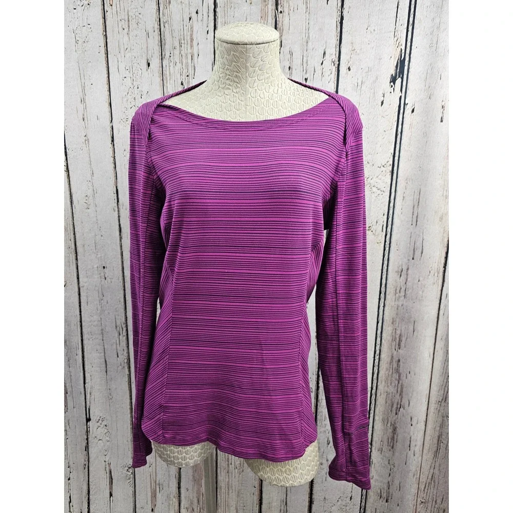 Lululemon Athletica Long Sleeve Striped Athletic Top Thumbholes Zip Pocket Sz 10
